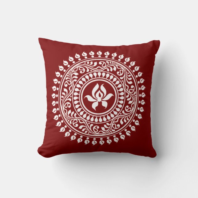 Red & White Festive Rangoli Throw Pillow (Front)