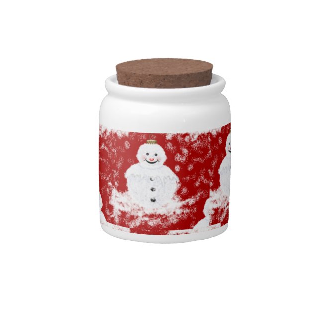 Red White Festive Snowman Christmas Holiday Candy Jar (Front)