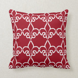 Red White Fleur de Lis Chain Pattern Throw Pillow