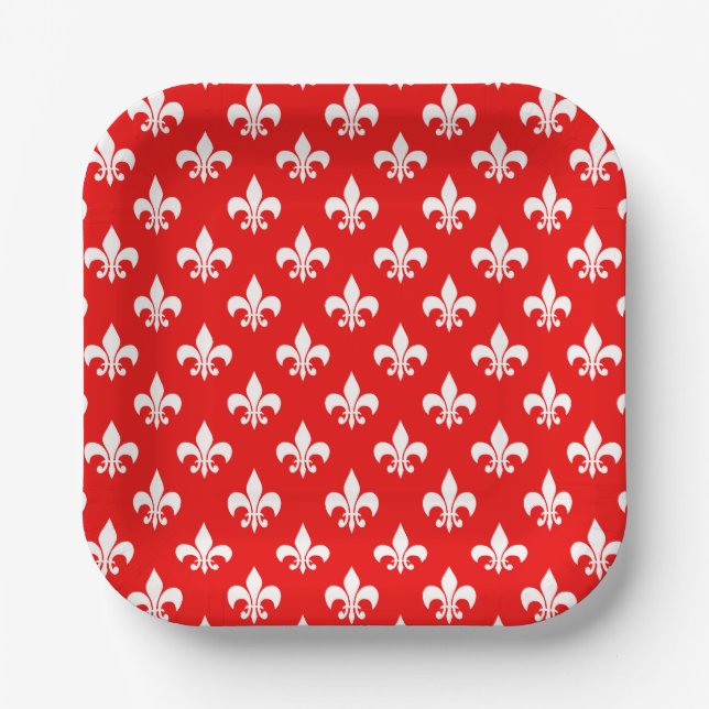 Red White Fleur-de-lis Paper Plates (Front)