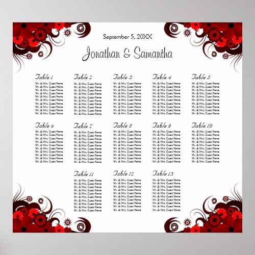 Red  White Floral 13 Wedding Tables Seating Chart