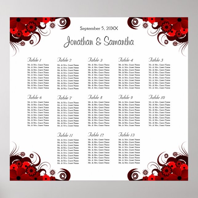 Red & White Floral 13 Wedding Tables Seating Chart (Front)