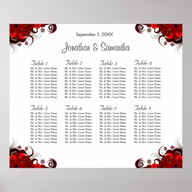 Red & White Floral 8 Wedding Tables Seating Charts Poster