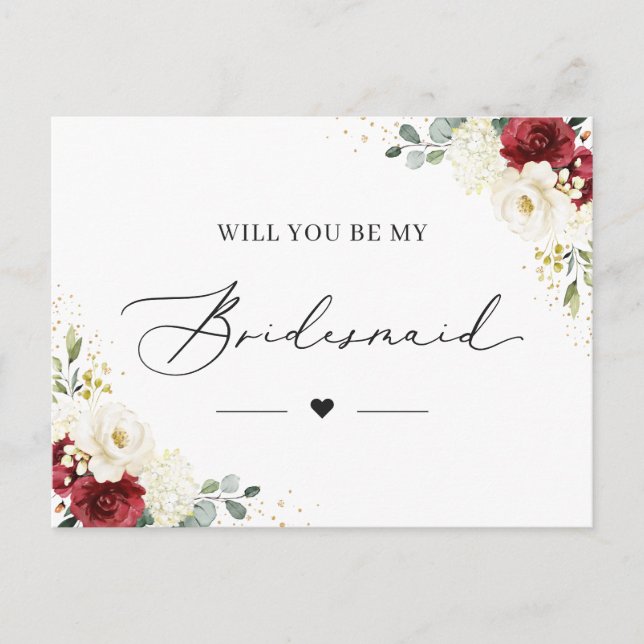 Red White Floral Be My Bridesmaid Proposal Card (Front)
