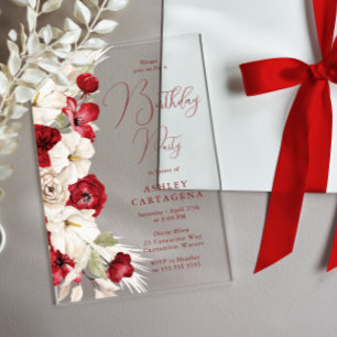 Red & White Floral Birthday Party Acrylic Invitations