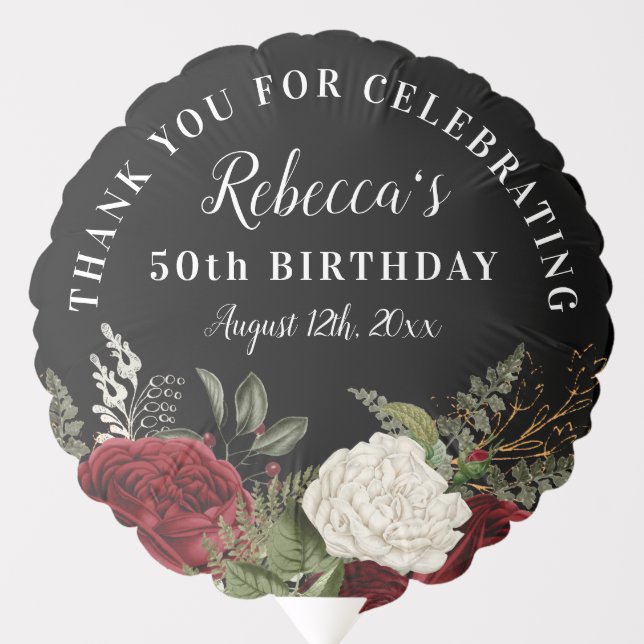 Red White Floral Black 50th Birthday Thank You Balloon (Front)