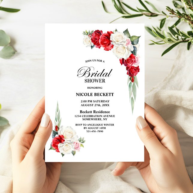Red White Floral Bridal Shower Invitation (Creator Uploaded)
