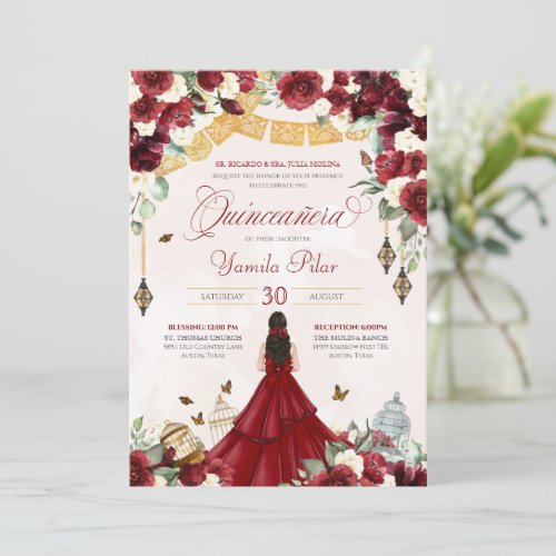 Red White Floral Butterfly Elegant Quinceanera V1 Invitation