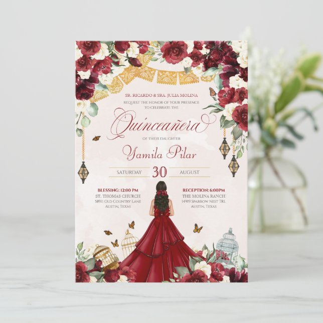 Red White Floral Butterfly Elegant Quinceanera V2 Invitation (Standing Front)
