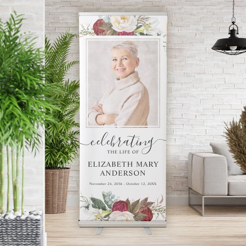 Red White Floral Celebration of Life Photo Retractable Banner