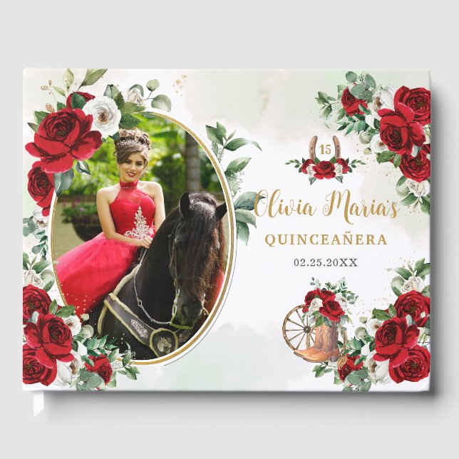 Red White Floral Charro Boots Quinceanera Photo Guest Book (Front)