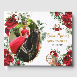 Red White Floral Charro Boots Quinceanera Photo Guest Book