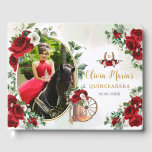 Red White Floral Charro Boots Quinceanera Photo Guest Book<br><div class="desc">Coordinate your party with this elegant Charro Red and White Roses Floral Guest Book! Personalize it easily and quickly, simply click the customize it further button to edit the texts, change fonts and fonts colors. Featuring beautiful watercolor red and white roses, a space to place your picture and a pair...</div>