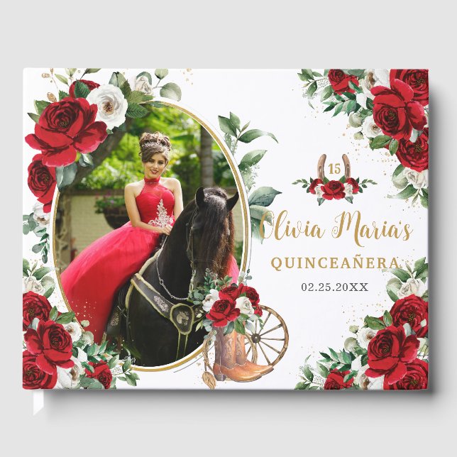 Red White Floral Charro Boots Quinceanera Photo Guest Book (Front)