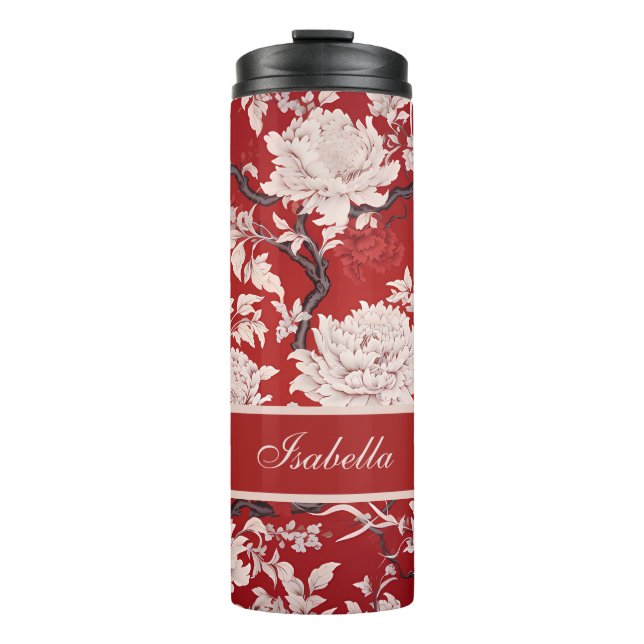 Red & White Floral Chinoiserie Pattern Personalize Thermal Tumbler (Front)