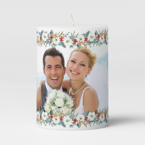 Red White Floral Christmas Wedding Photo Pillar Candle