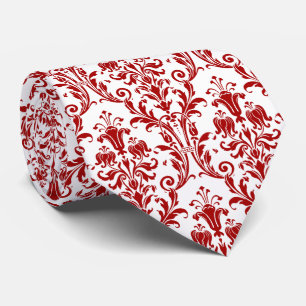 Red White Floral Damask Neck Tie