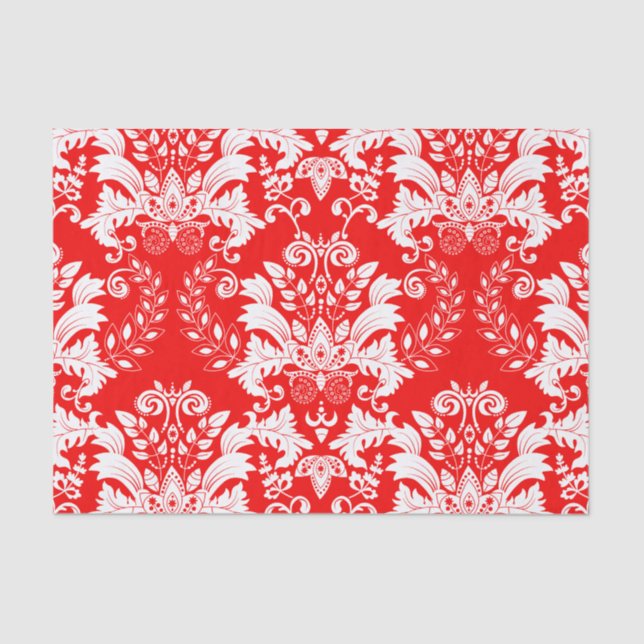 Red & White Floral Damask Pattern Tissue Paper (Front)