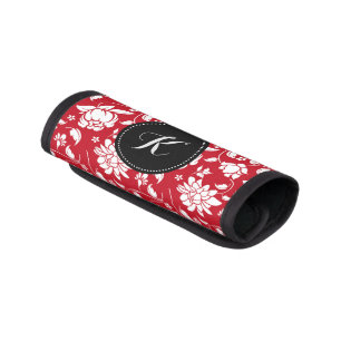 Red & White Floral Damasks Monogram Luggage Handle Wrap