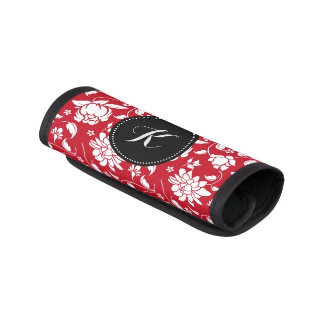 Red & White Floral Damasks Monogram Luggage Handle Wrap (Angled)