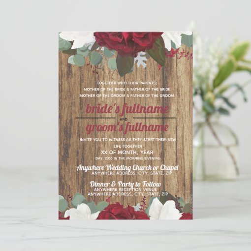 Red & White Floral Design Rustic Wood Background Invitation Zazzle
