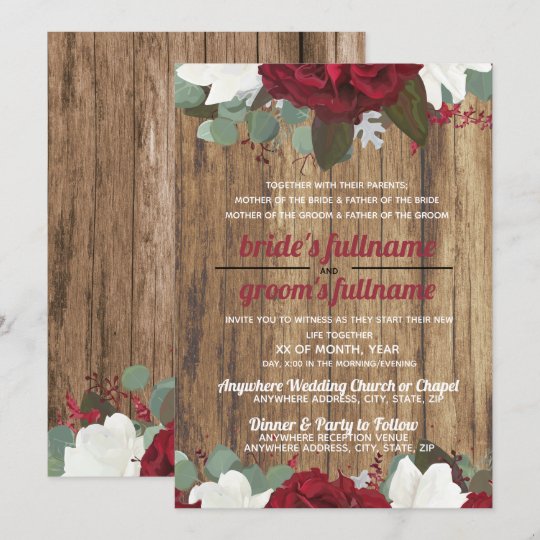 Red & White Floral Design Rustic Wood Background Invitation