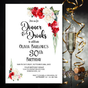 Red White Floral Dinner and Drinks 30th Birthday Invitation