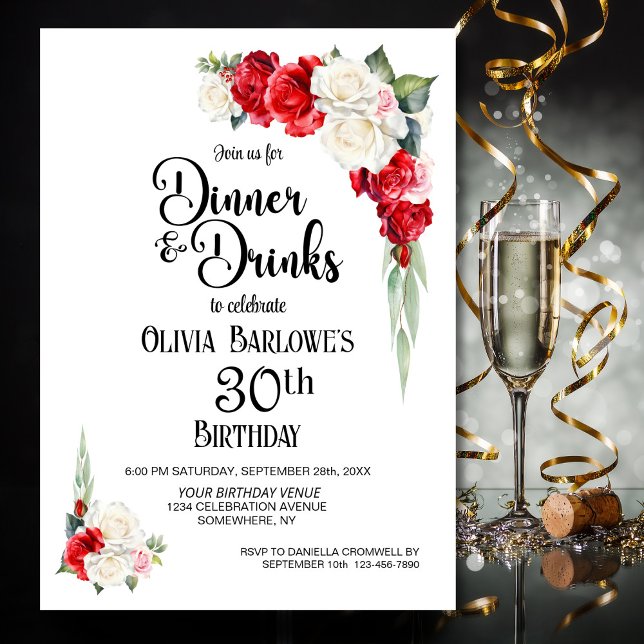 Red White Floral Dinner and Drinks 30th Birthday Invitation (Creator Uploaded)