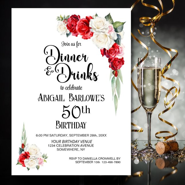 Red White Floral Dinner and Drinks 50th Birthday Invitation (Creator Uploaded)