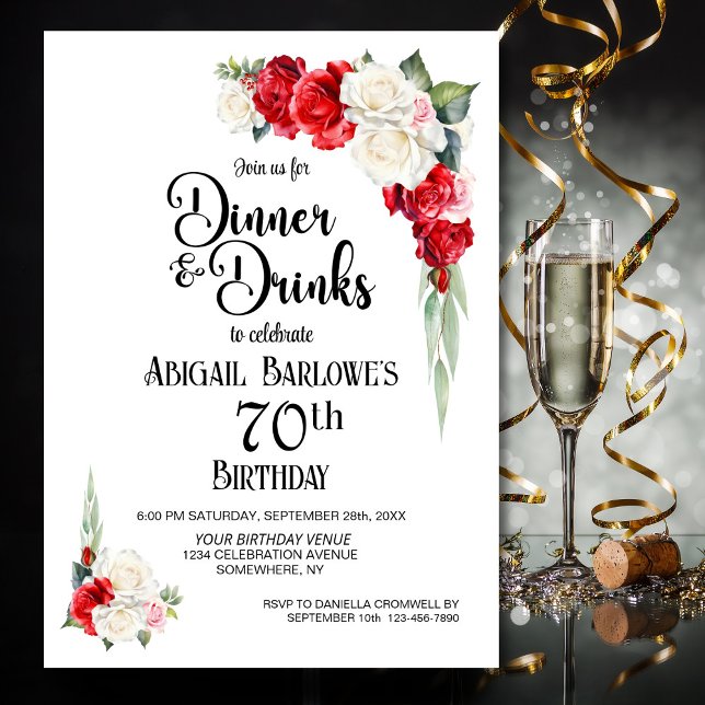 Red White Floral Dinner and Drinks 70th Birthday Invitation (Creator Uploaded)