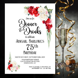 Red White Floral Dinner and Drinks 75th Birthday Invitation