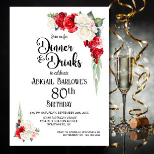 Red White Floral Dinner and Drinks 80th Birthday Invitation