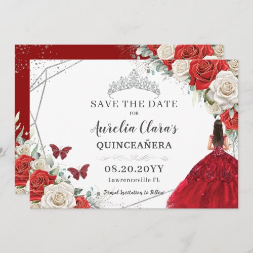 Red White Floral Dress Silver Quinceanera Sweet 16 Save The Date