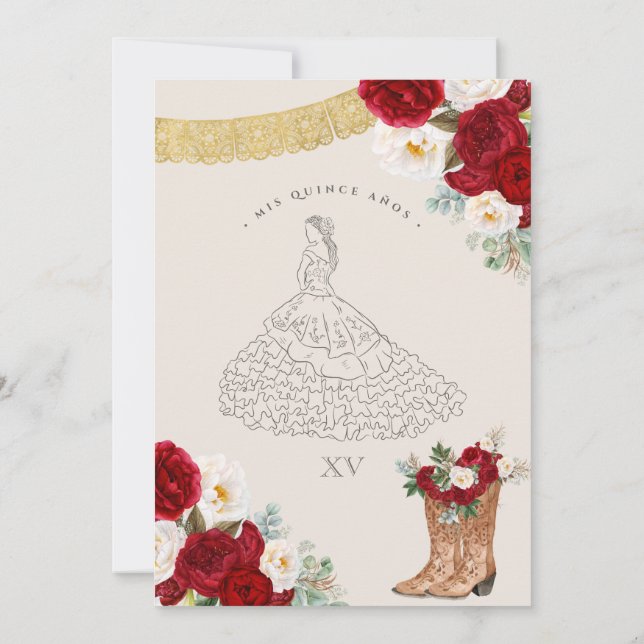 Red White Floral Elegant Gold Charro Quinceanera Invitation | Zazzle
