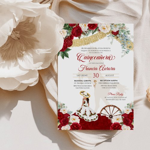 Red White Floral  Elegant Gold Charro Quinceanera Invitation
