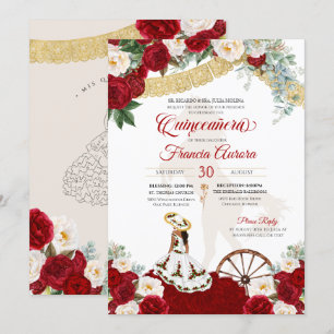 Red White Floral Elegant Gold - Charro Quinceanera Invitation