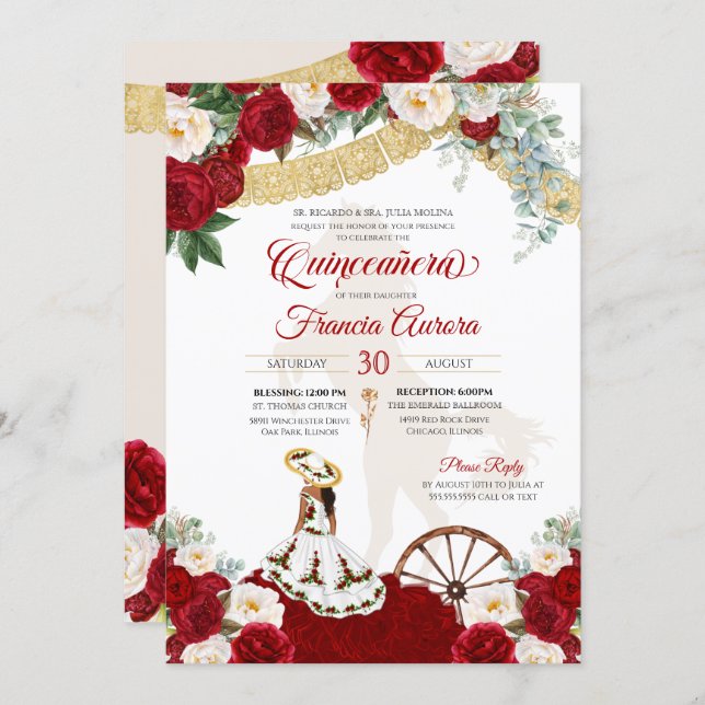 Red White Floral Elegant Gold - Charro Quinceanera Invitation (Front/Back)