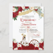 Red White Floral Elegant Gold - Charro Quinceanera Invitation (Front)