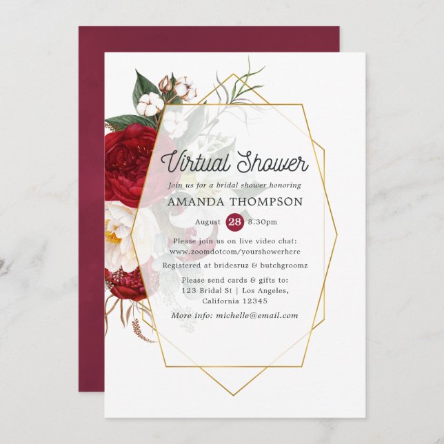 Red & White Floral Geometric Virtual Bridal Shower Invitation (Front/Back)