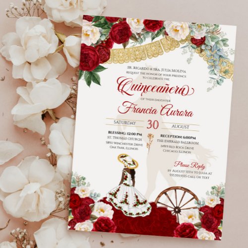 Red White Floral  Gold Elegant Charro Quinceanera Invitation