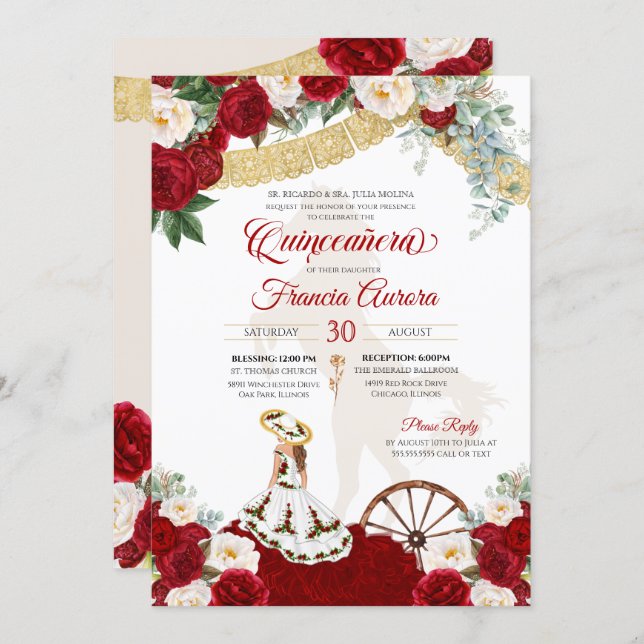 Red White Floral & Gold Elegant Charro Quinceanera Invitation (Front/Back)