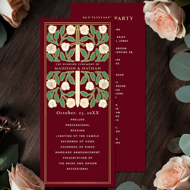 Red White Floral Gold Sword Royal Wedding Program (Creator Uploaded)