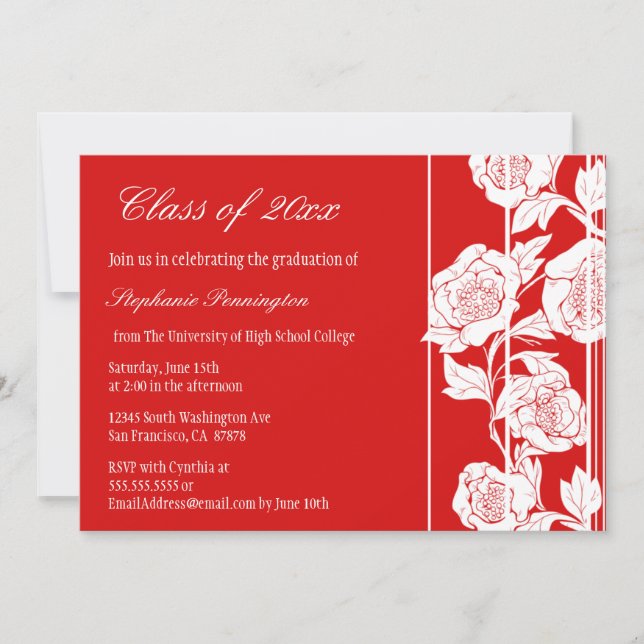 Red white floral graduation party announcement (Front)