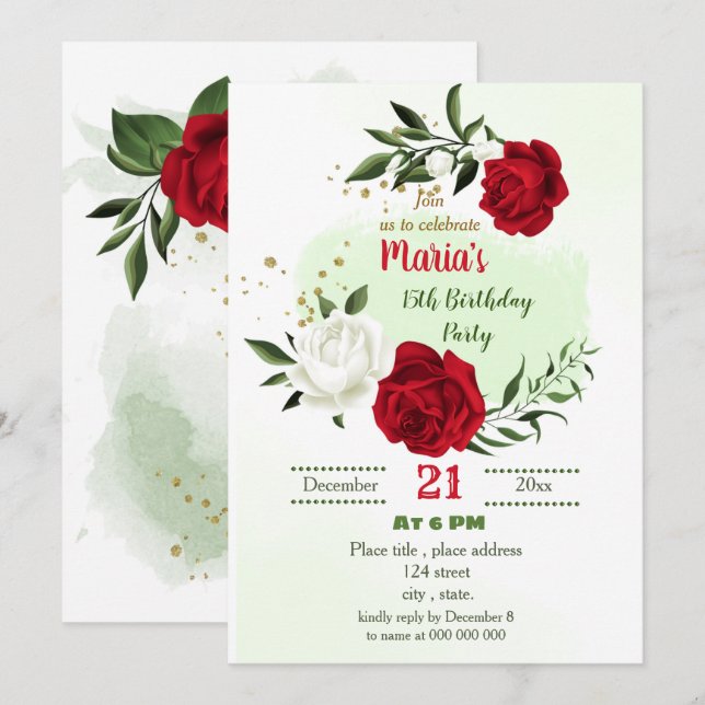 red white floral green botanical birthday party invitation (Front/Back)