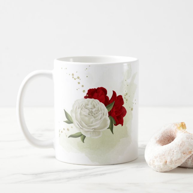Red white floral greenery  coffee mug (With Donut)