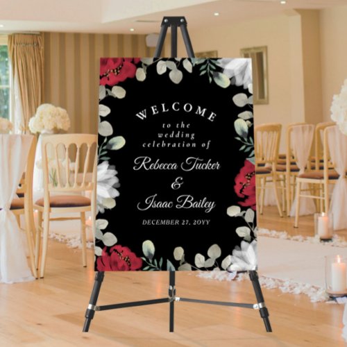 Red White Floral Greenery on Black Wedding Welcome Foam Board