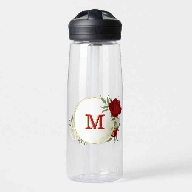 Red white floral greenery  water bottle (Front)
