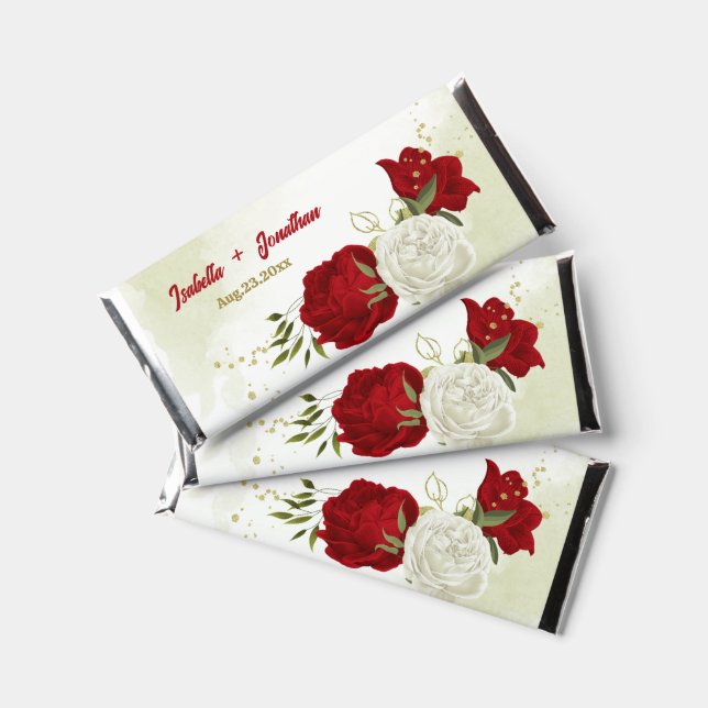 red white floral greenery wedding hershey bar favors (Front)