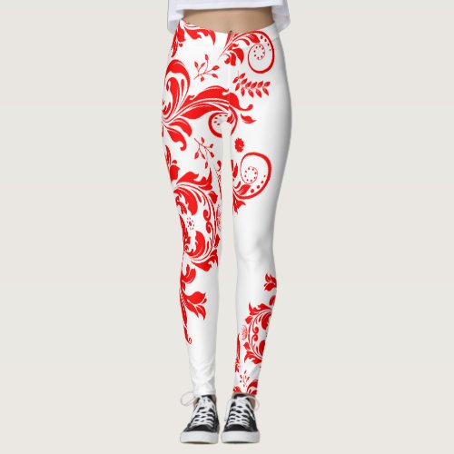 Red  White Floral Lace Asymmetric Design Leggings