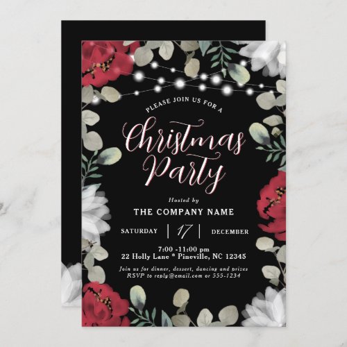 Red White Floral Lights on Black Christmas Party Invitation